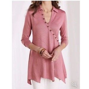 Soft Surroundings Tamara Tunic Womens 1X Pink Collared  Buttons Asymmetrical
